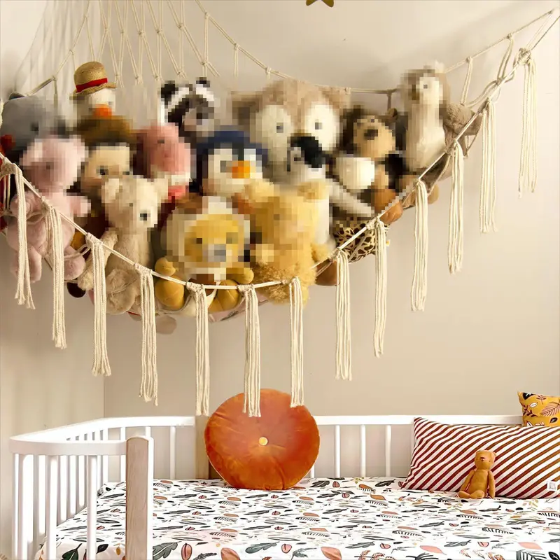 Plush Toy Hammock 60in Hangable Boho Stuffed Animal Corner Hanging Net Practical Cotton Organiser for Bedroom Nursery Decoration Ornaments