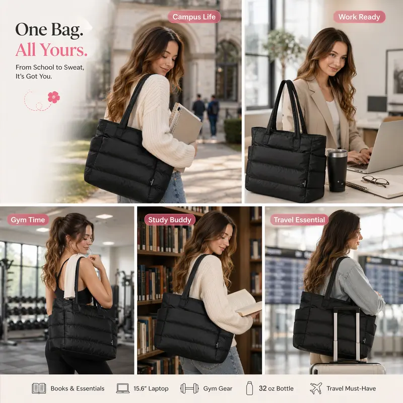 Cute Puffer Tote Bag for Women Interior Laptop Shoulder Handbag,  Tote Bag for Work with Multiple Compartments for Travel , Work and School