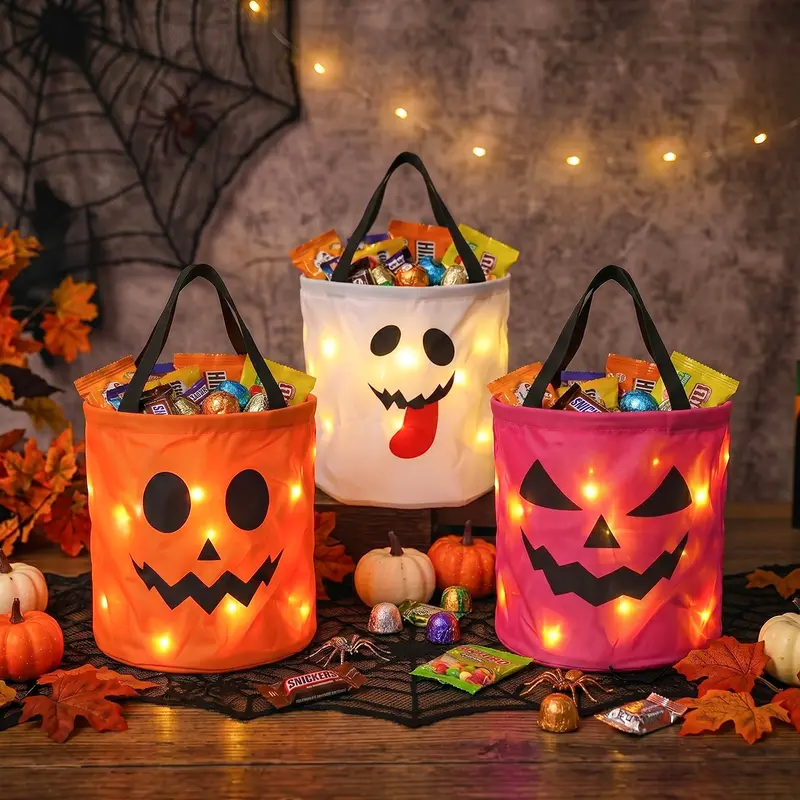Halloween Candy Bucket with LED Lights Non Woven Gift Bags Trick or Treat Bags Pumpkin Candy Bags Reusable Tote Bags for Kids Students Adults, Night Light Bags for Home Garden Lawn Decorations, 