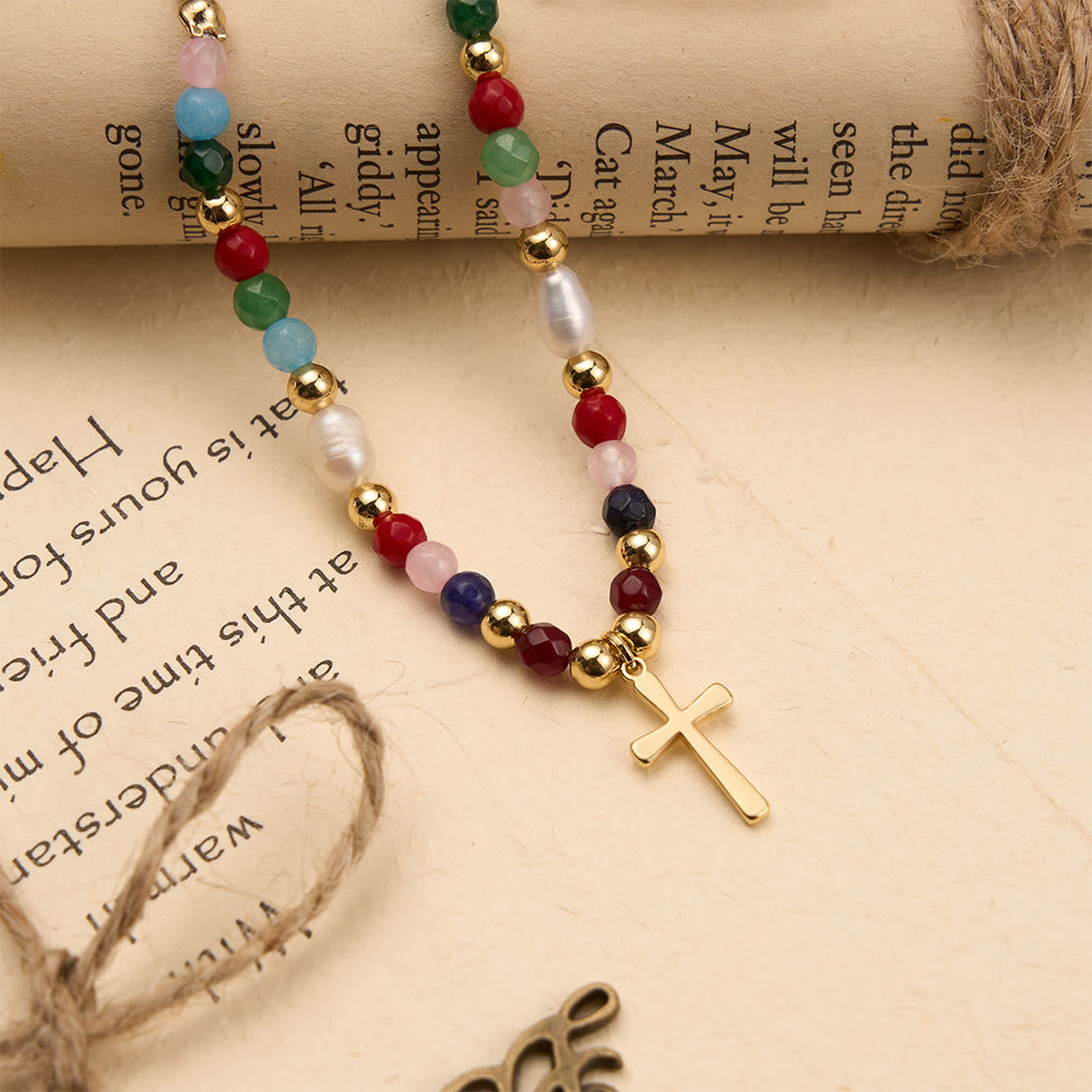 Colorful Beaded Necklace with Simple Cross Pendant