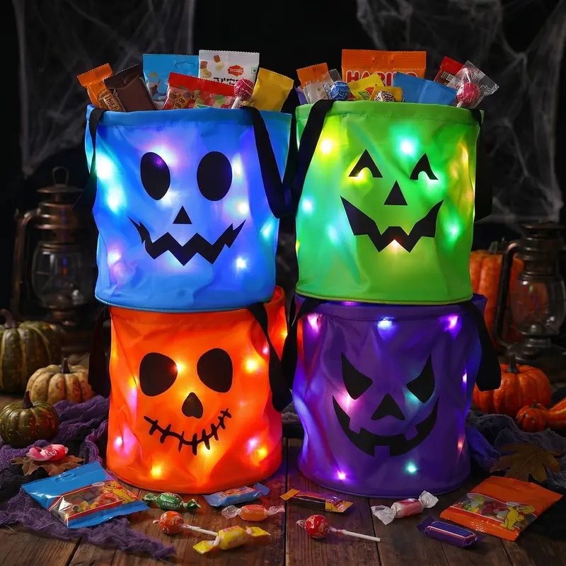 Halloween Candy Bucket with LED Lights Non Woven Gift Bags Trick or Treat Bags Pumpkin Candy Bags Reusable Tote Bags for Kids Students Adults, Night Light Bags for Home Garden Lawn Decorations, 
