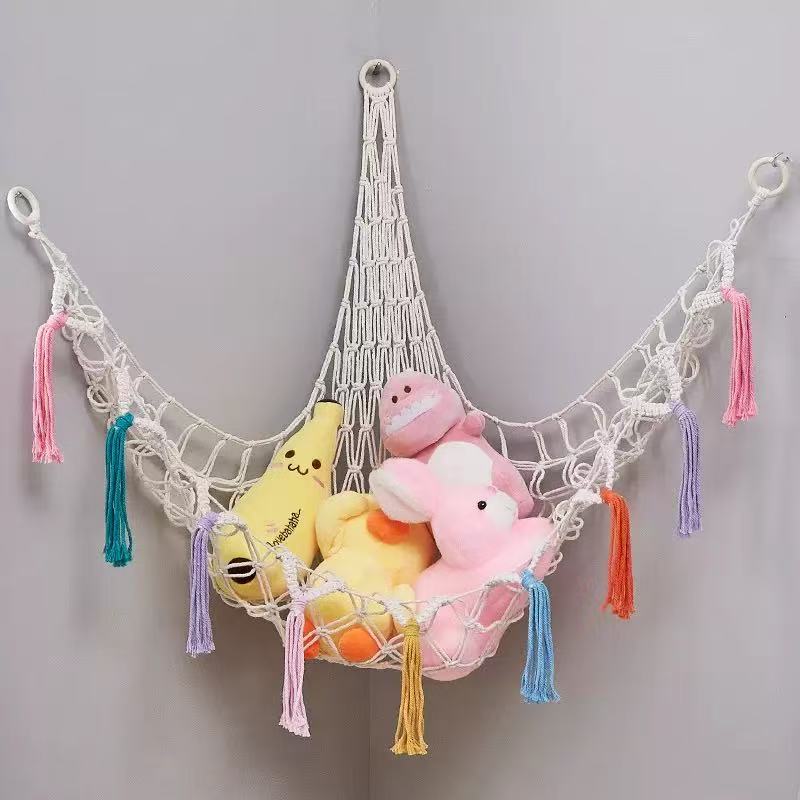 Plush Toy Hammock 60in Hangable Boho Stuffed Animal Corner Hanging Net Practical Cotton Organiser for Bedroom Nursery Decoration Ornaments