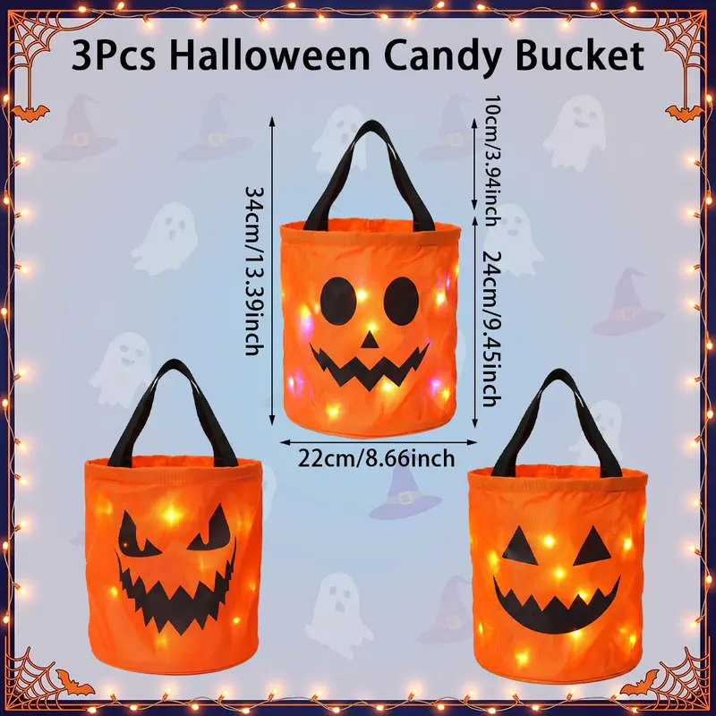 Halloween Candy Bucket with LED Lights Non Woven Gift Bags Trick or Treat Bags Pumpkin Candy Bags Reusable Tote Bags for Kids Students Adults, Night Light Bags for Home Garden Lawn Decorations, 
