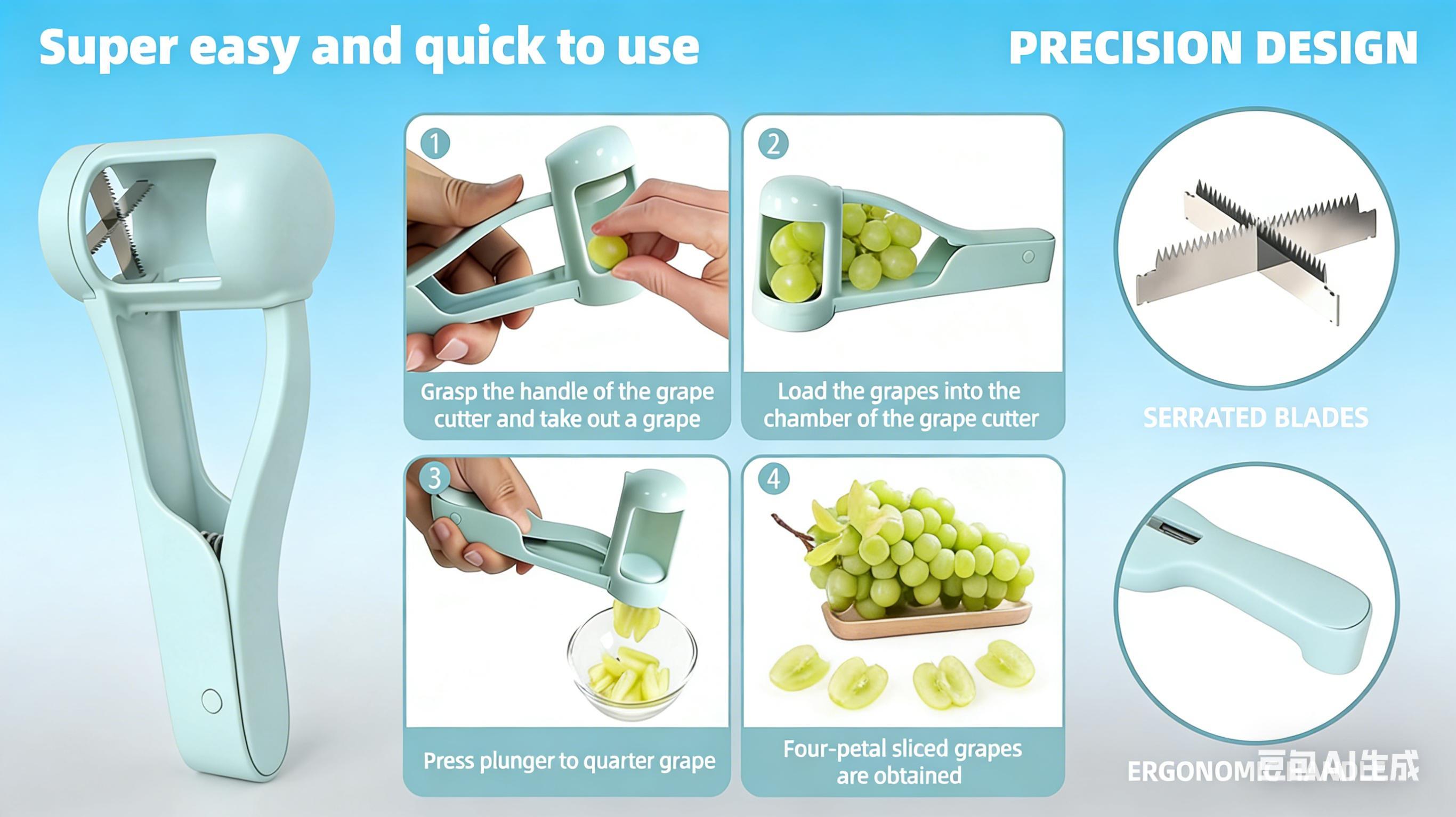 Grape Cutter for Toddlers & Baby - Stainless Steel Grape & Cherry Tomato Slicer for Kids Lunch Box - Portable Small Fruit Quarterer Tool, Prep for Salad & Healthy