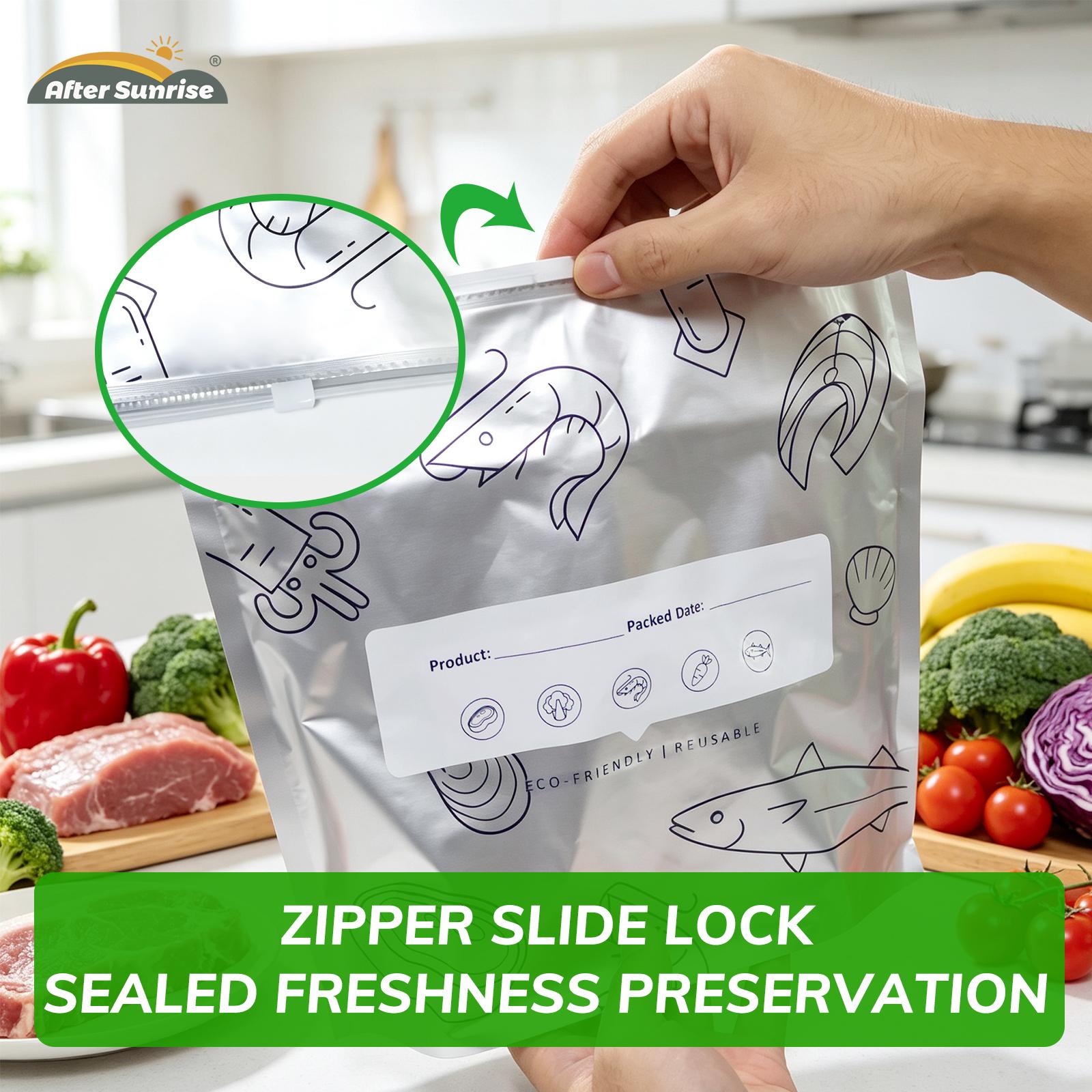 【Refrigerated Food】Reusable Aluminum Foil Sealable Storage Bags, Aftersunrise 2026 New Resealable Vacuum Zipper Pouches for Food, Stand Up Foil Sealable Bags with Label and Zip Lock for Vegetable Fruit Meat 【Refrigerated Food】Reusable Aluminum Foil Sealable Storage Bags, Aftersunrise 2026 New Resealable Vacuum Zipper Pouches for Food, Stand Up Foil Sealable Bags with Label and Zip Lock for Vegetable Fruit Meat
