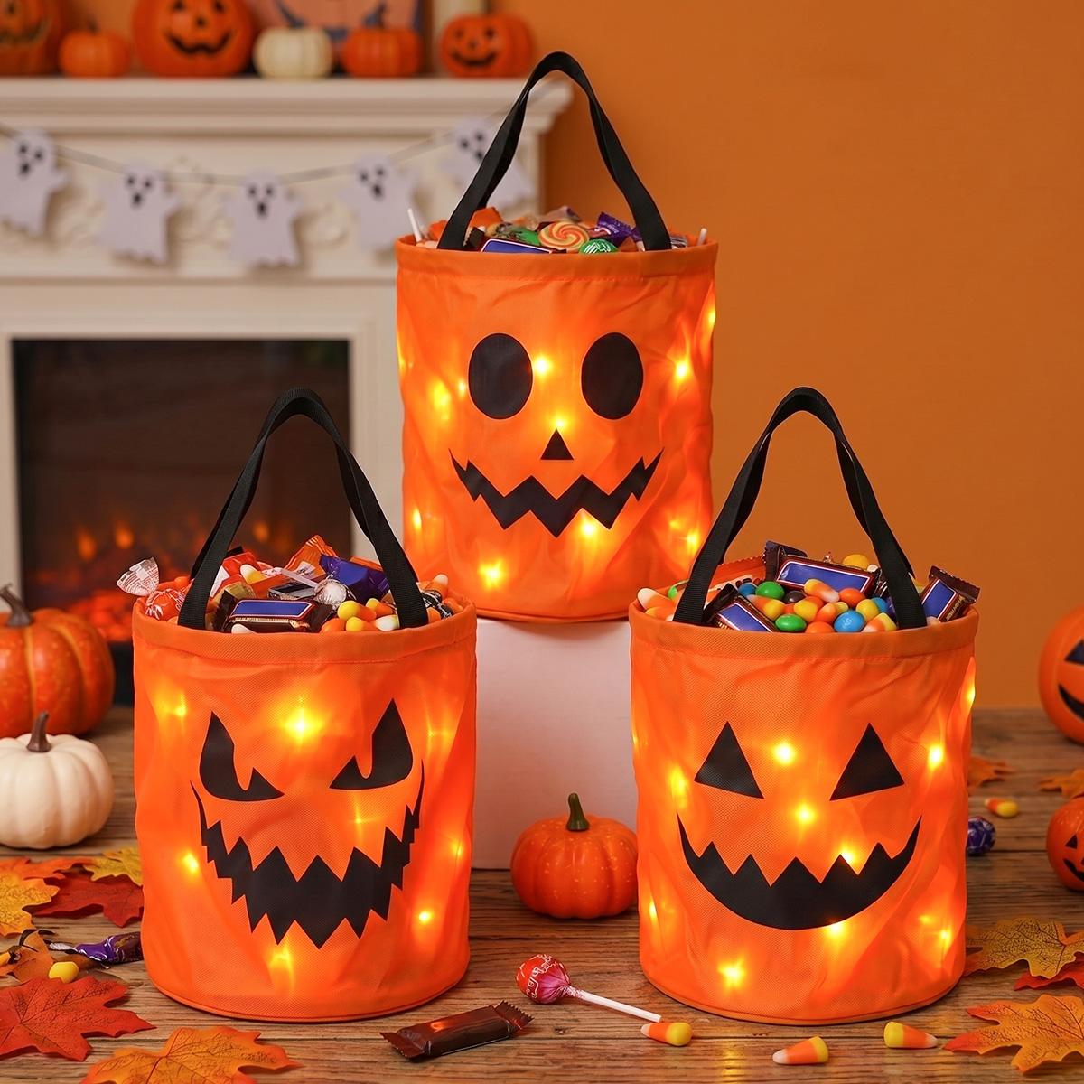 3/4 Pcs Halloween Candy Bucket with LED Lights Non Woven Gift Bags Trick or Treat Bags Pumpkin Candy Bags Reusable Tote Bags for  Kids Students Adults, Night Light Bags for Home Garden Lawn Decorations, Halloween Birthday Christmas Party Favor Supplies