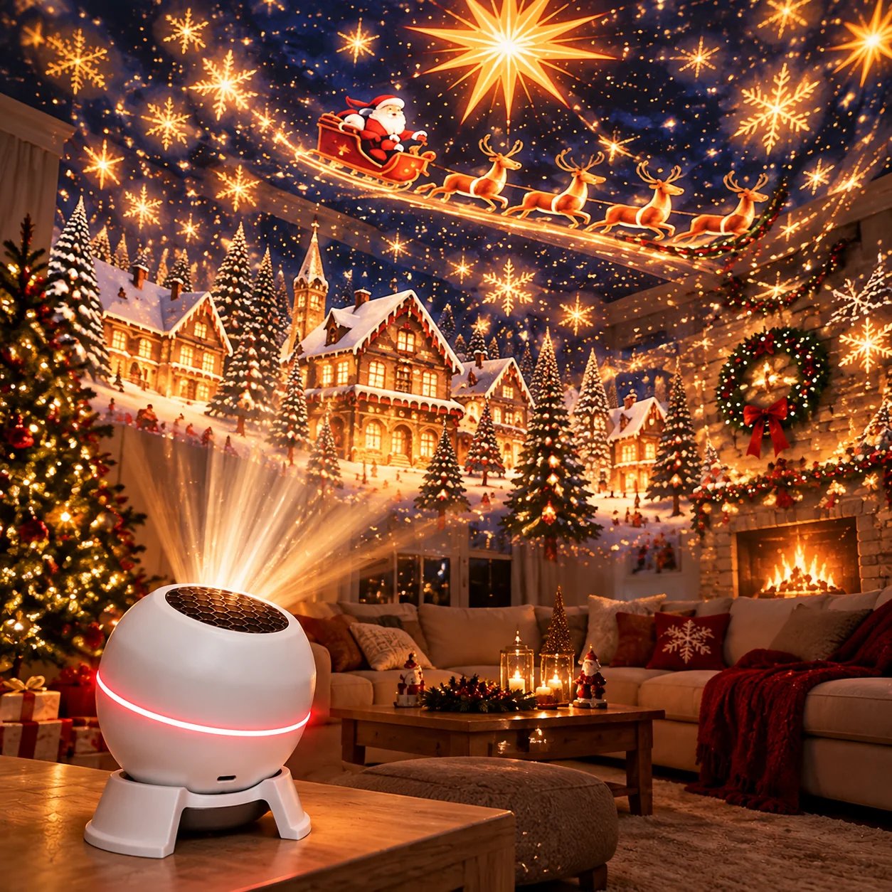 Warm Christmas projection over living room walls and ceiling