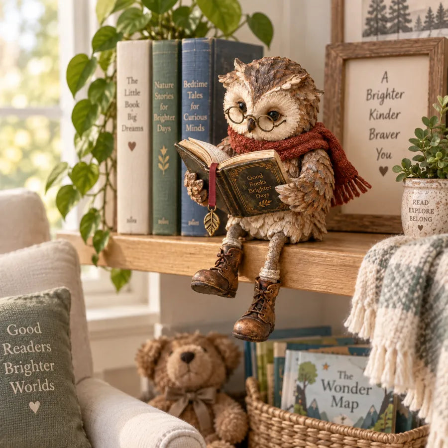 Reading owl displayed beside books in a reading nook