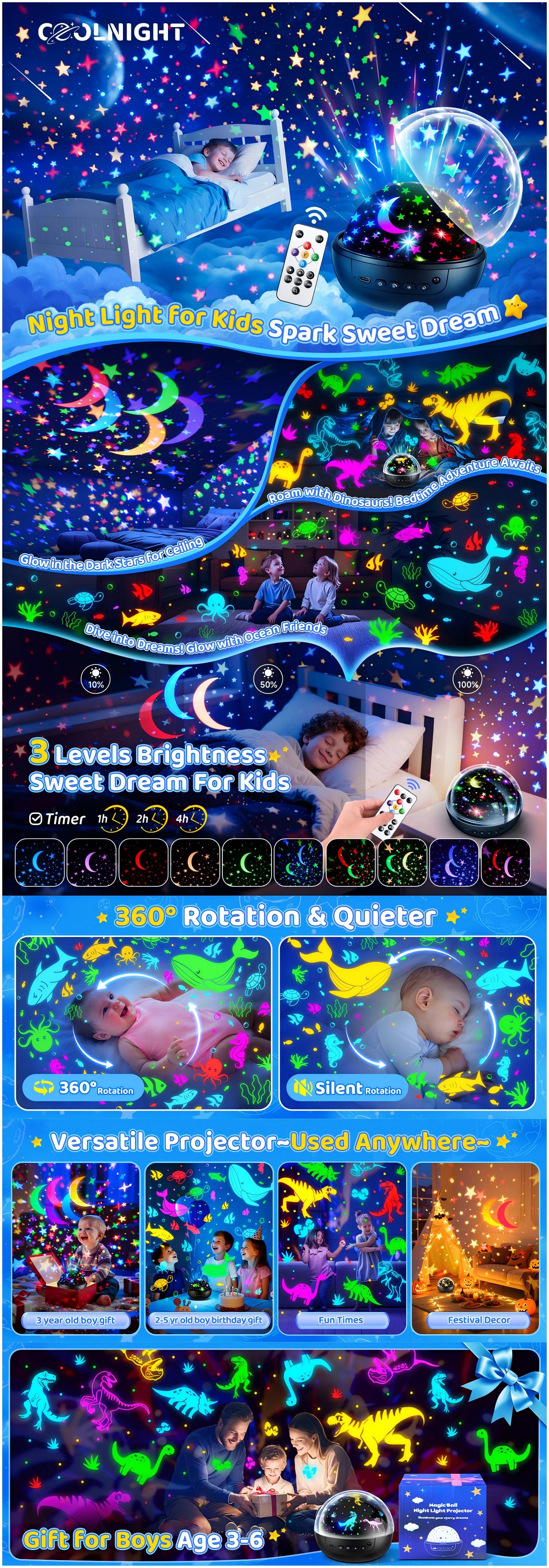OneFire Night Light for Kids ball 93 Lighting+3 Films Kids Night Light Projector,Remote+Dimmable Star Projector dinosaur toys 360° Ceiling Stars Glow in The Dark Stars,Christmas Gifts for 4 Year Old Boy Birthday Gift Remote Controlled