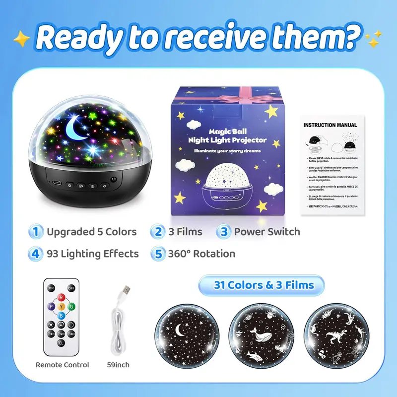 Kids Star Projector Night Light with Remote & 3 Films