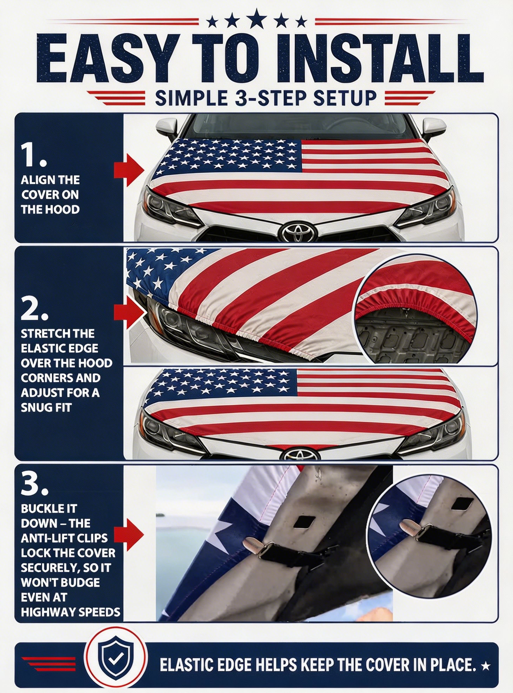 🇺🇸 American Hood Flag Cover – Secure Buckle, Highway Safe, Fits Cars/SUVs/Trucks | Buy 2 Free Shipping 🔥