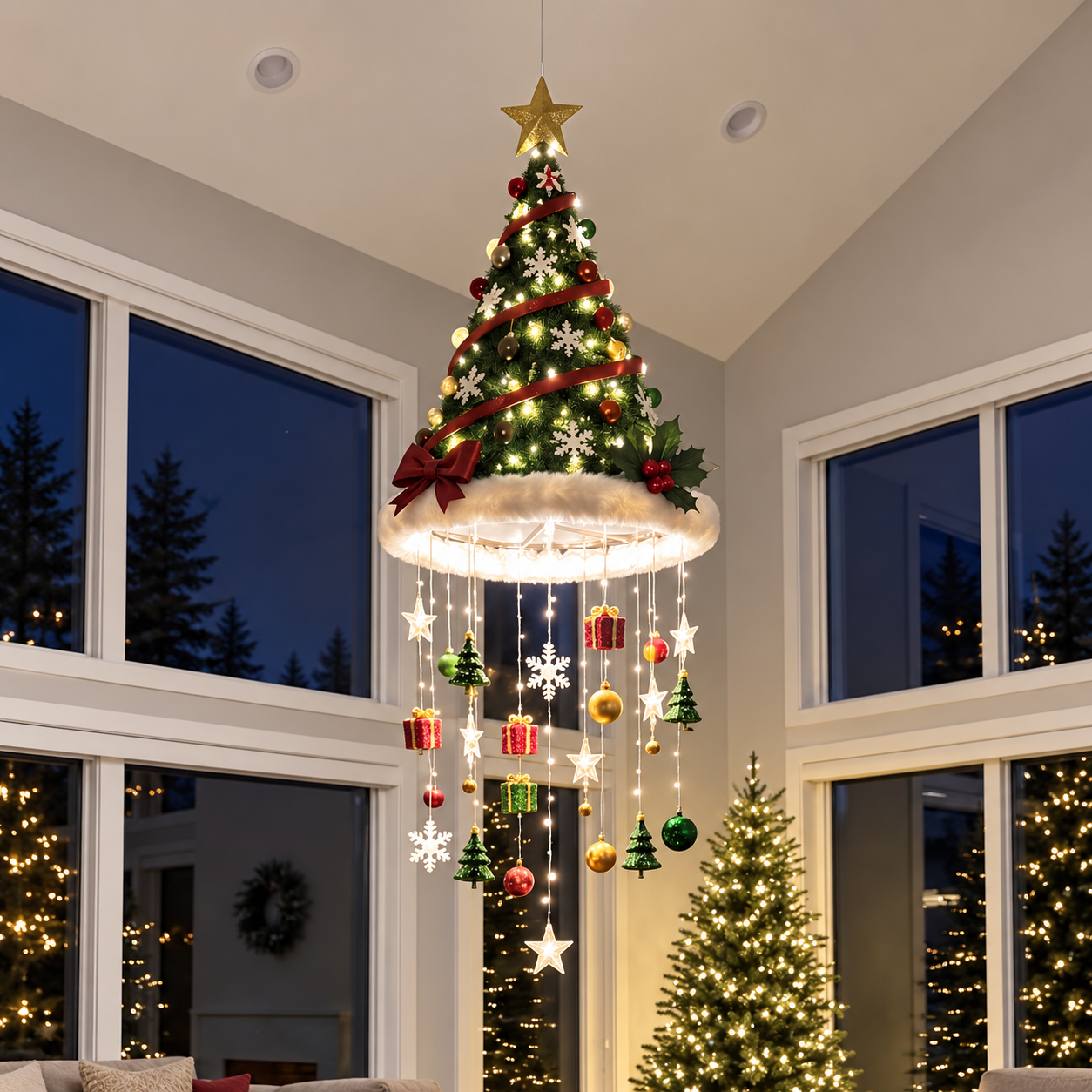 Lighted Christmas tree hanging decoration in a festive room