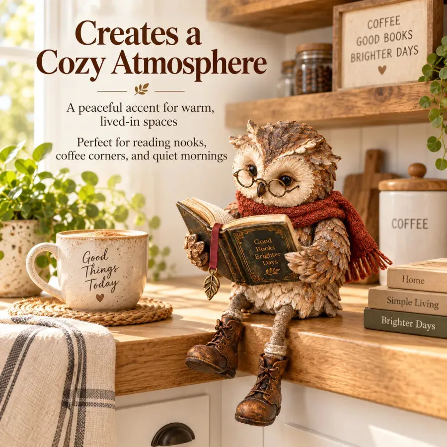 Reading owl creating a cozy coffee corner atmosphere