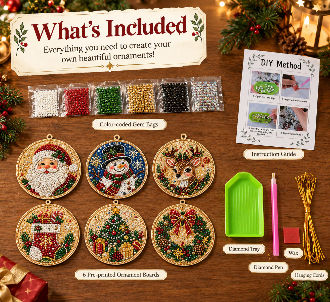 Complete DIY diamond painting Christmas ornament kit