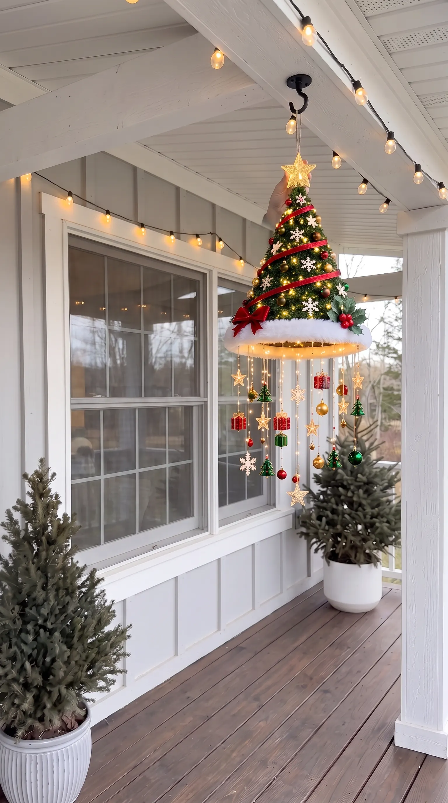 Christmas hanging light displayed on a covered porch