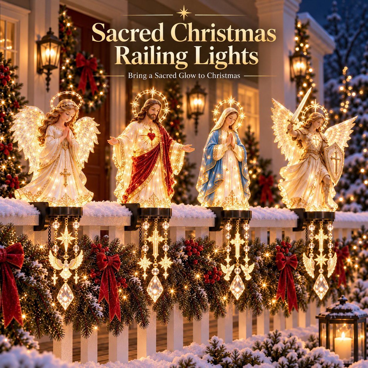 Sacred Christmas railing lights glowing on a decorated porch