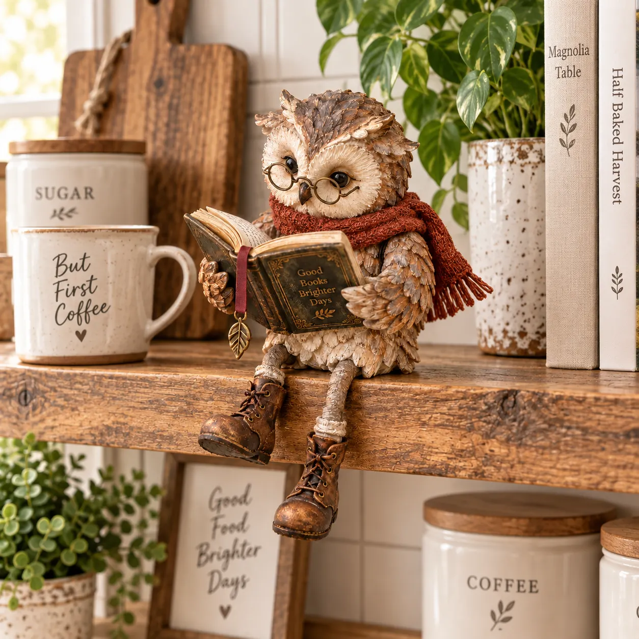 Reading owl figurine displayed beside books and a coffee mug