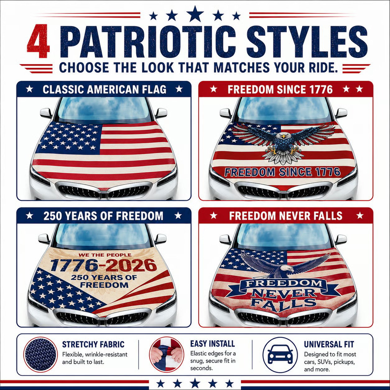 🇺🇸 American Hood Flag Cover – Secure Buckle, Highway Safe, Fits Cars/SUVs/Trucks | Buy 2 Free Shipping 🔥