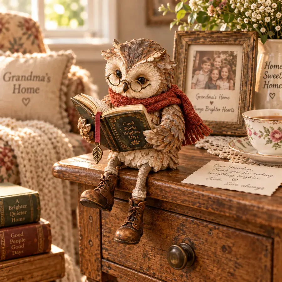 Reading owl figurine displayed in a warm family home