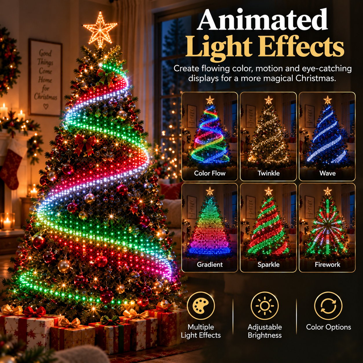 Multiple animated light effects on a Christmas tree