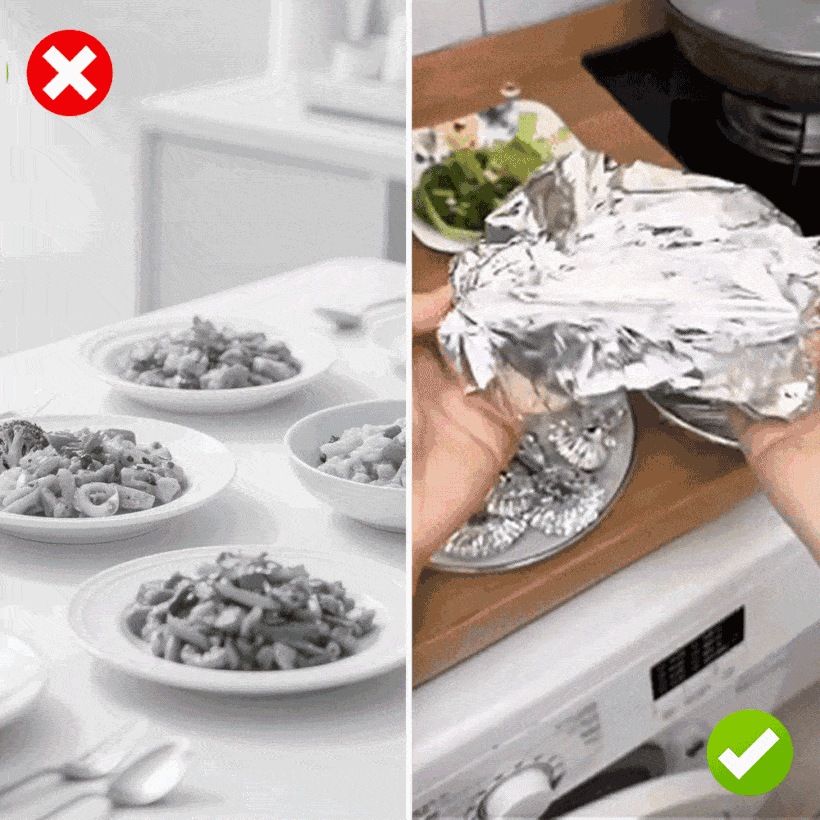 Covering prepared food with an aluminum foil heat-retaining cover