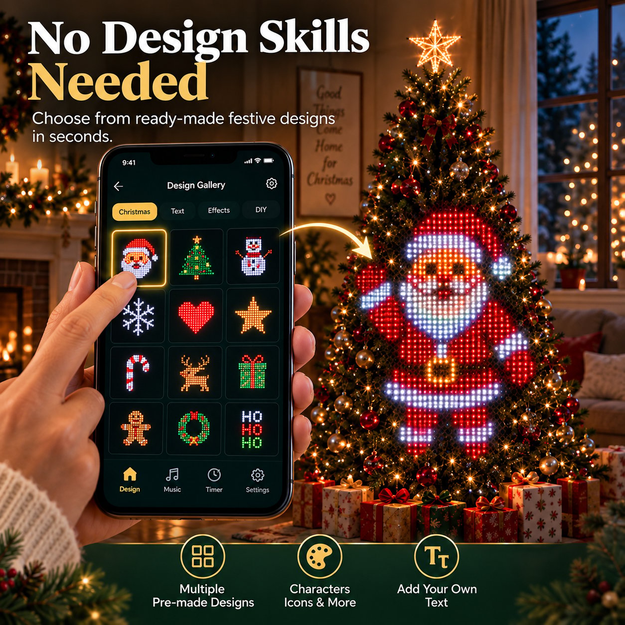 Phone app with ready-made Christmas tree light designs