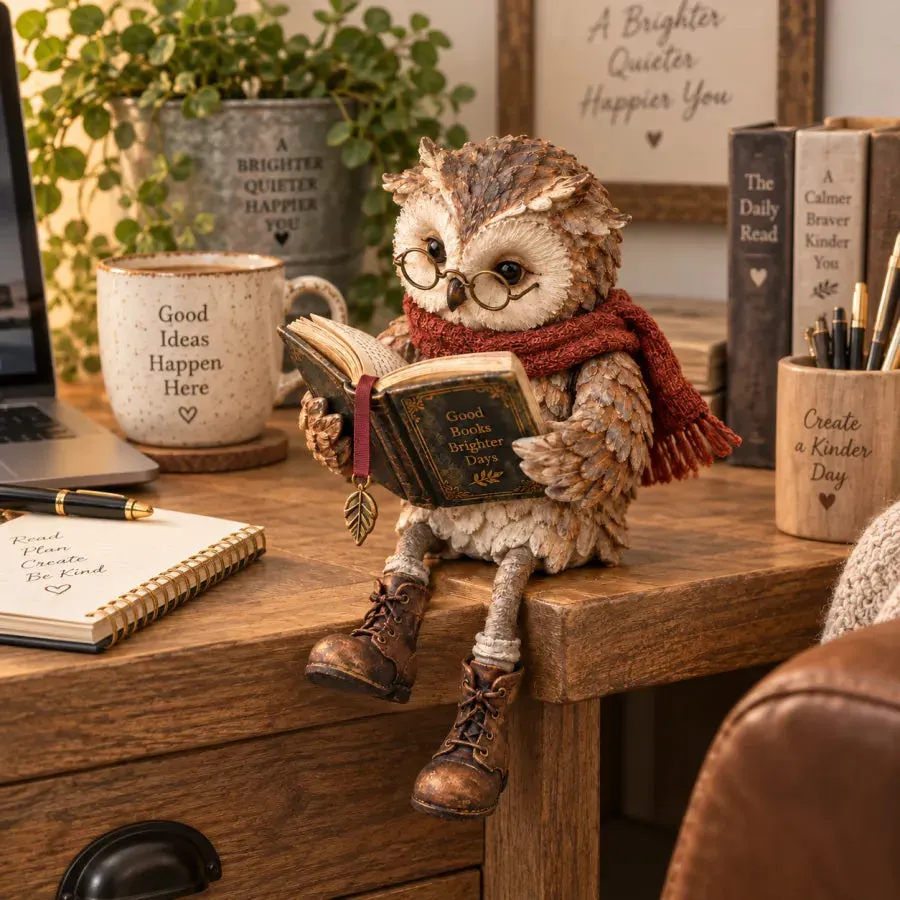 Reading owl figurine on a cozy wooden desk