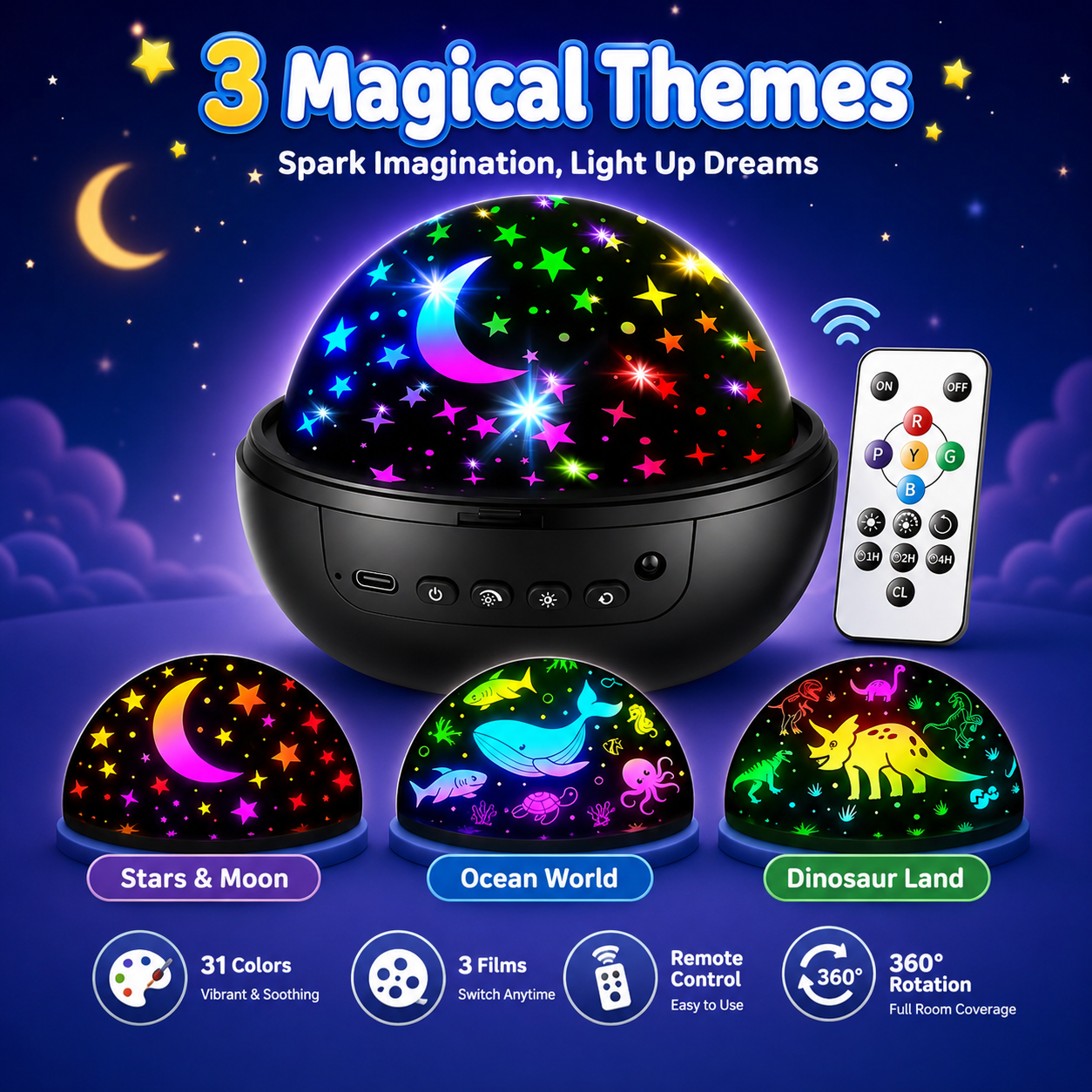 Kids Star Projector Night Light with Remote & 3 Films
