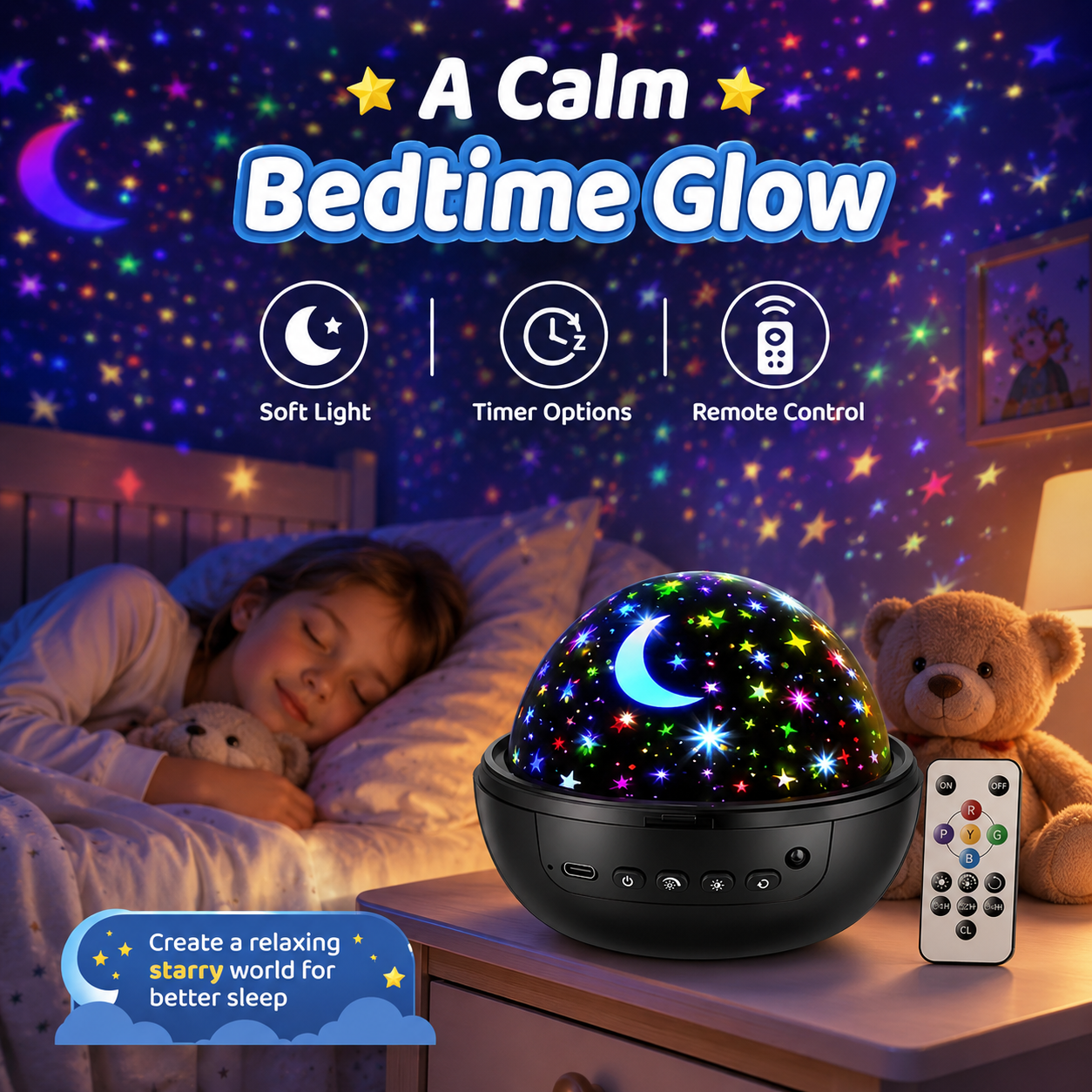 Kids Star Projector Night Light with Remote & 3 Films