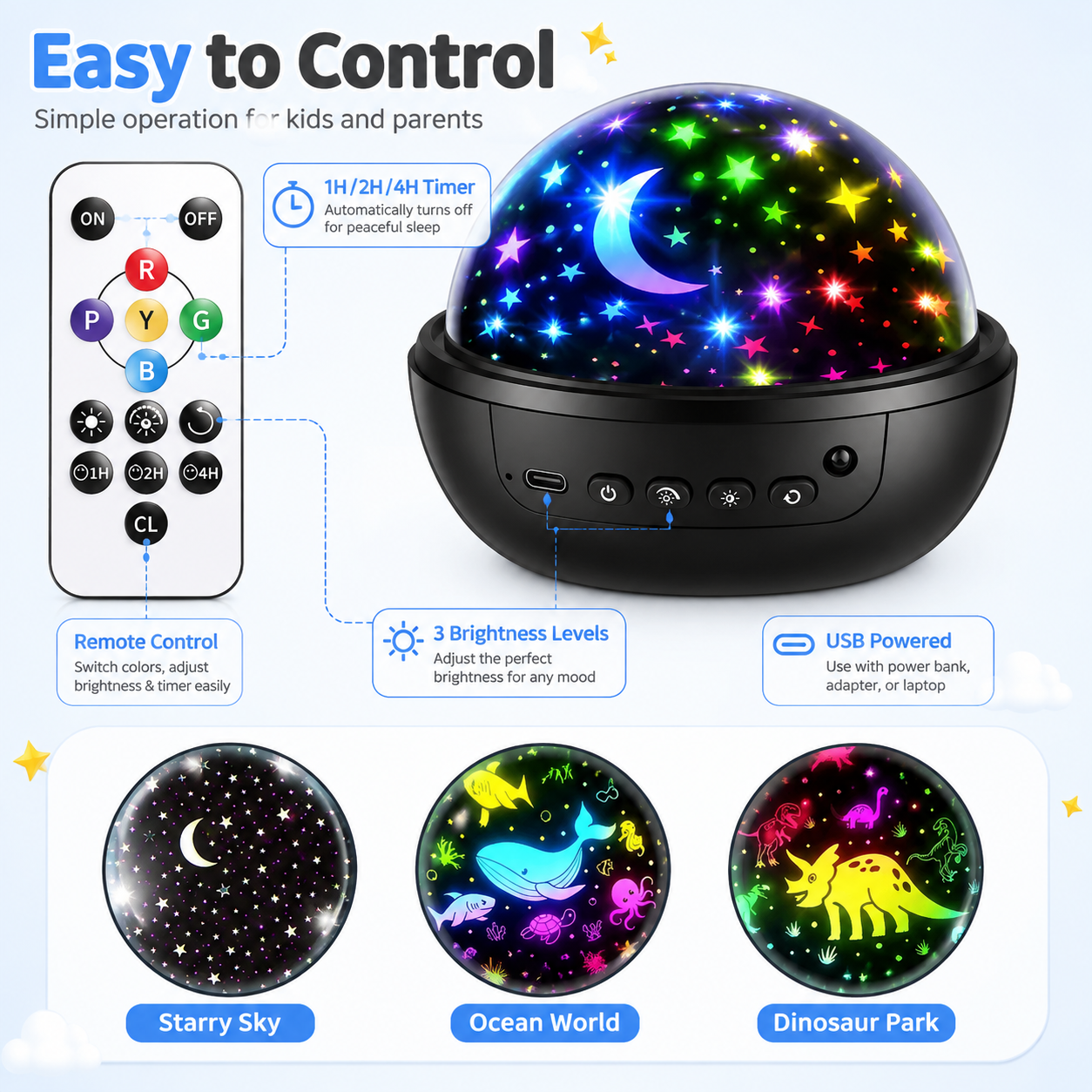 Kids Star Projector Night Light with Remote & 3 Films