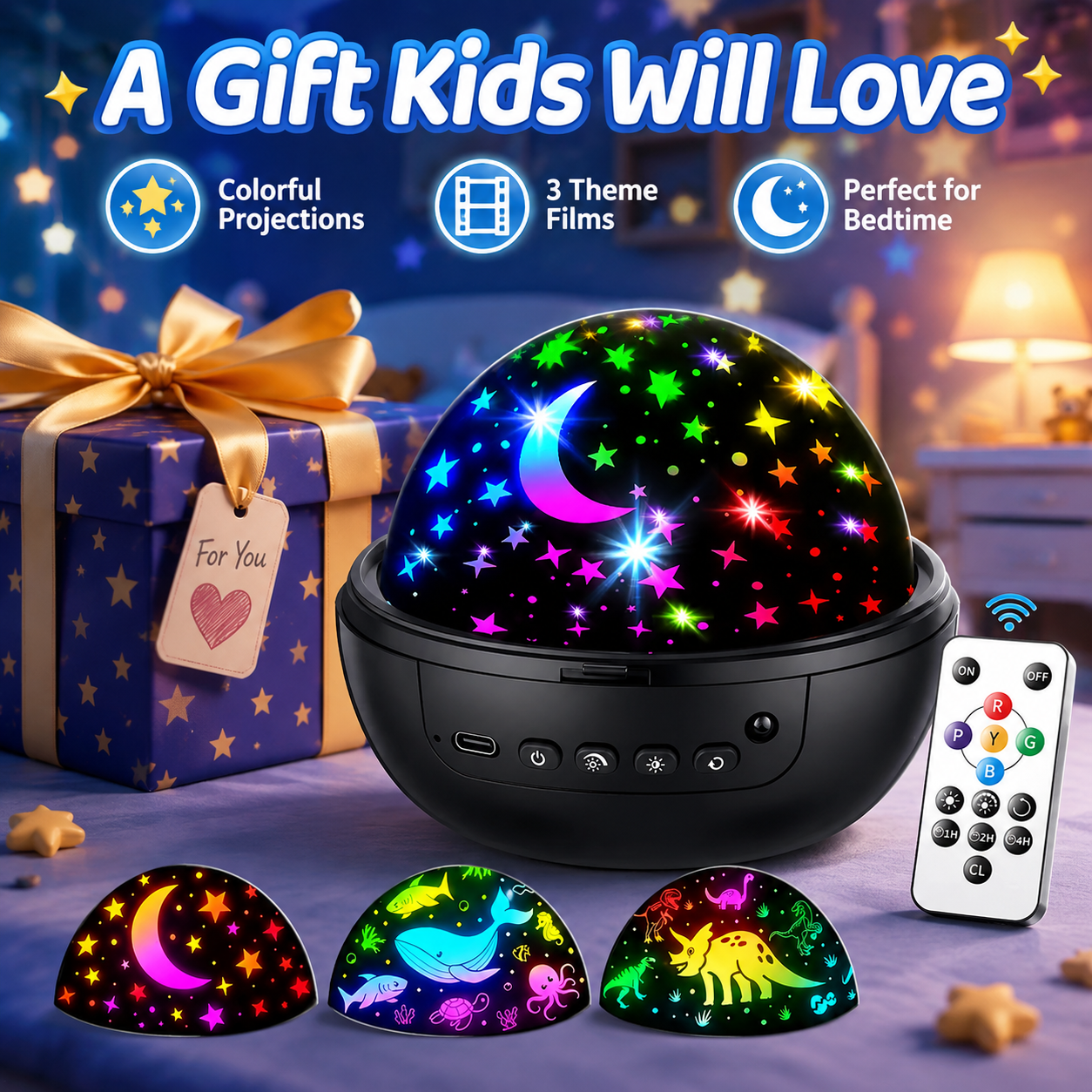 Kids Star Projector Night Light with Remote & 3 Films