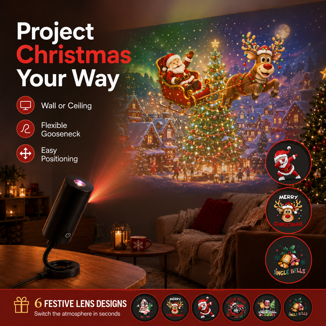 🎄6-Pack Christmas Projection Lenses – Festive Holiday Projection Slides