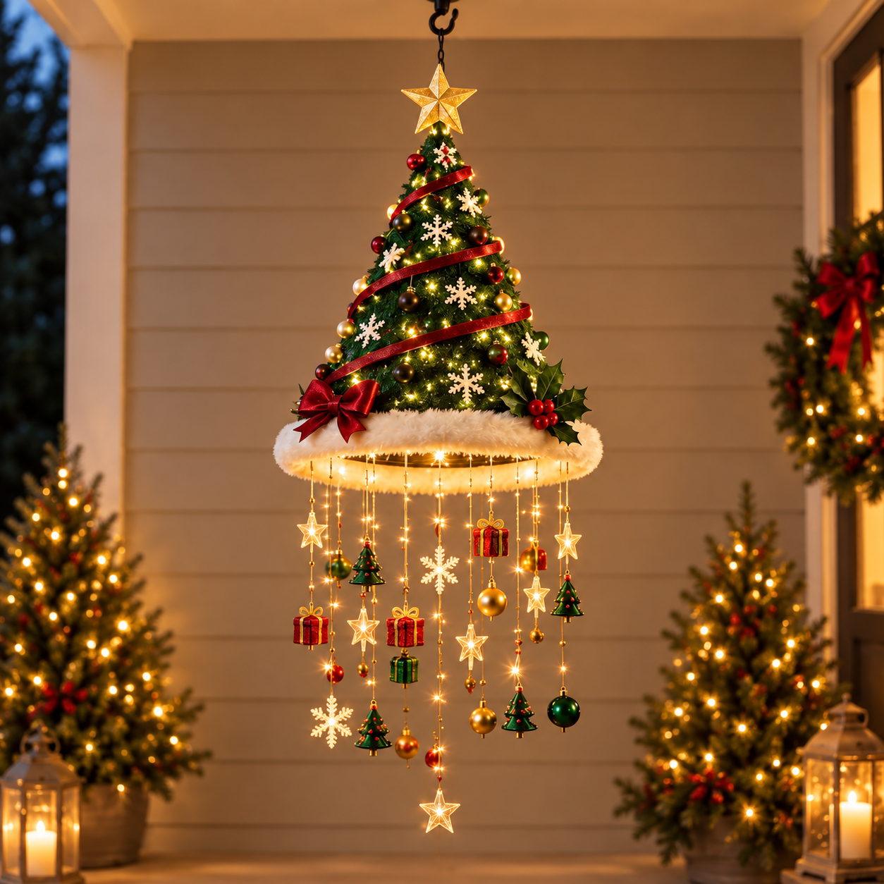 Evergreen tree lighted Christmas hanging decoration