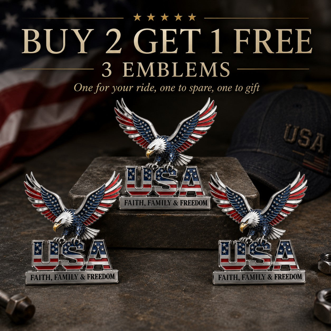 🇺🇸250th Anniversary - ★USA Faith, Family & Freedom★ Metal Emblem