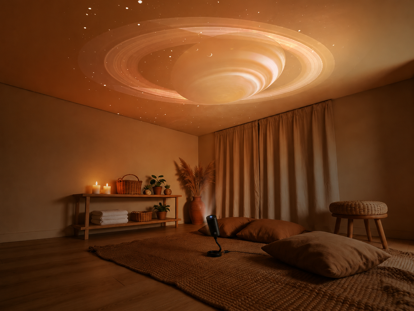 Cozy reading corner with star projector