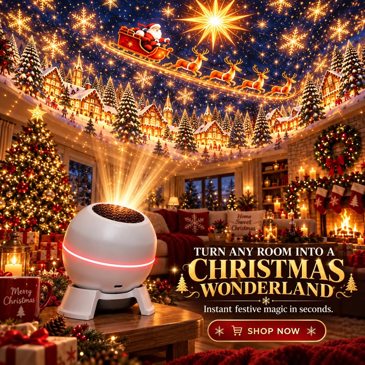 Christmas projector illuminating a festive room