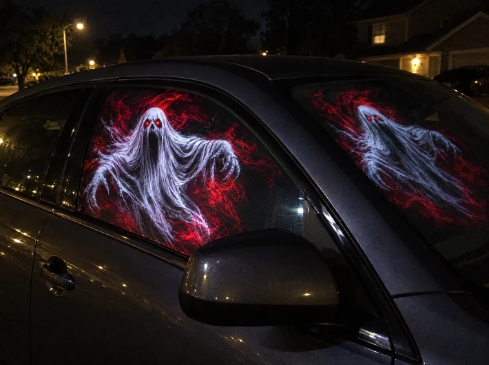 Ghost-themed projection shown on a parked car