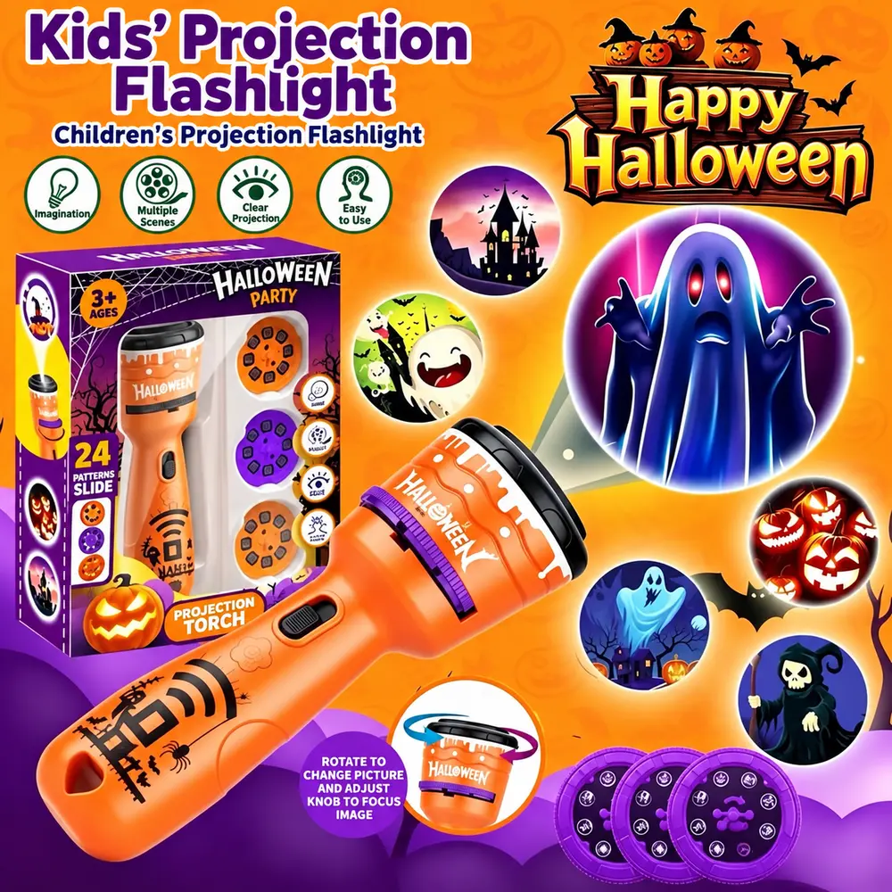 Child enjoying a Halloween projection flashlight
