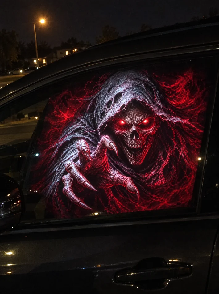 Hooded horror character displayed on a parked car window