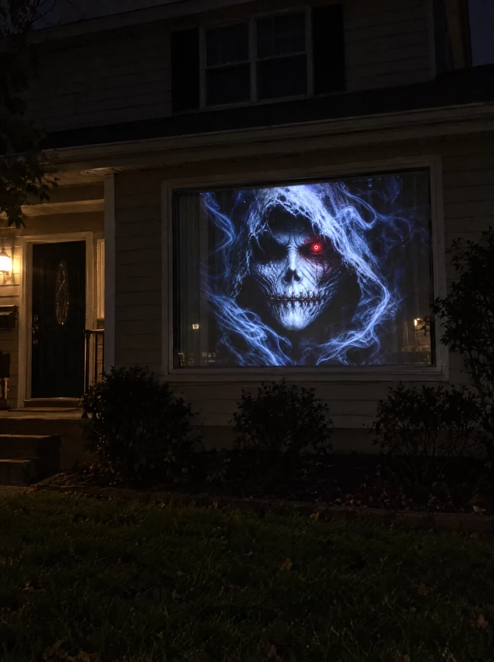 Skull-themed window display at night