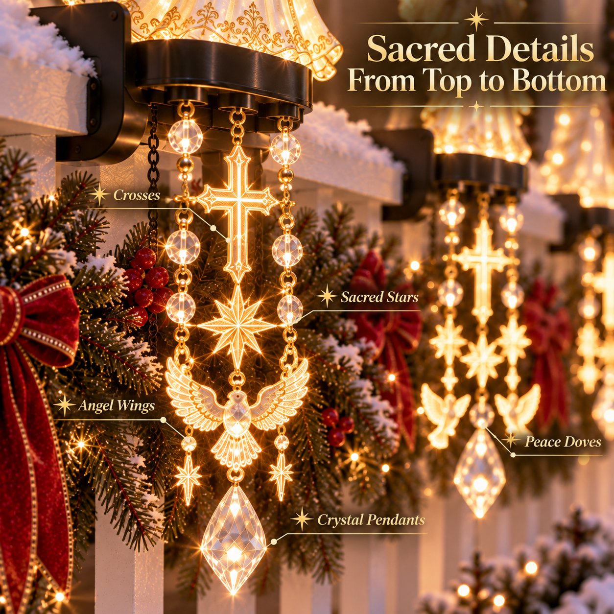 Detailed sacred hanging ornaments and crystal-inspired pendants