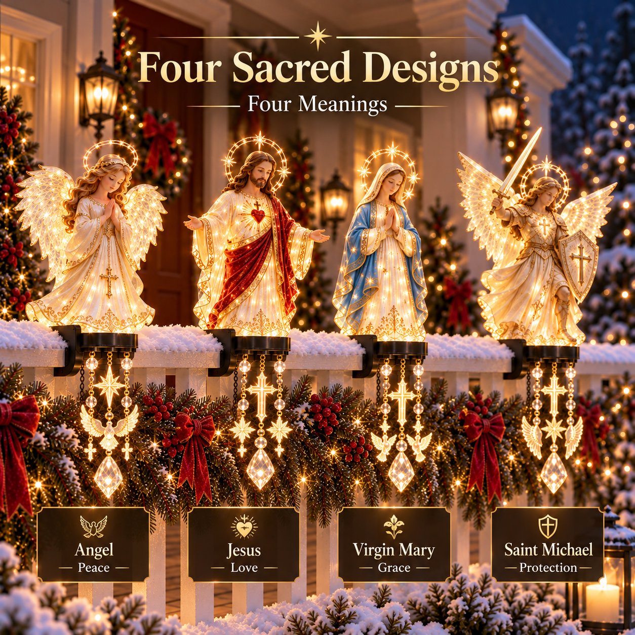 Four sacred Christmas railing light designs together