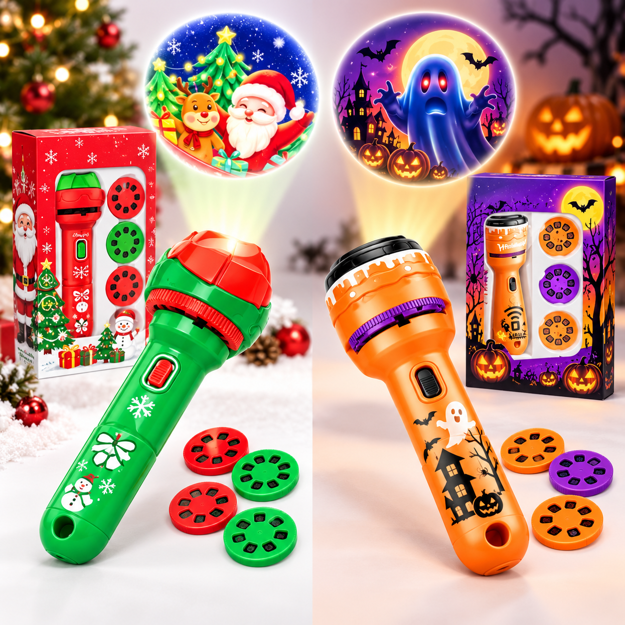 🎃🎄 Kids’ Holiday Projection Flashlight – 24 Fun Pictures