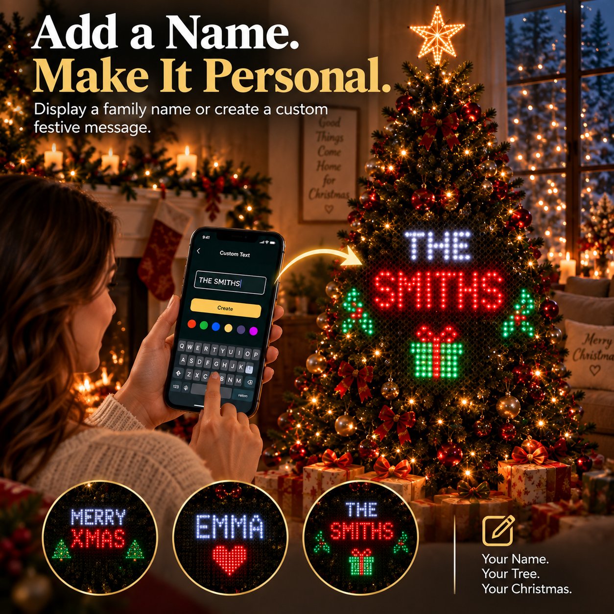 Personalized family name displayed on smart Christmas tree lights