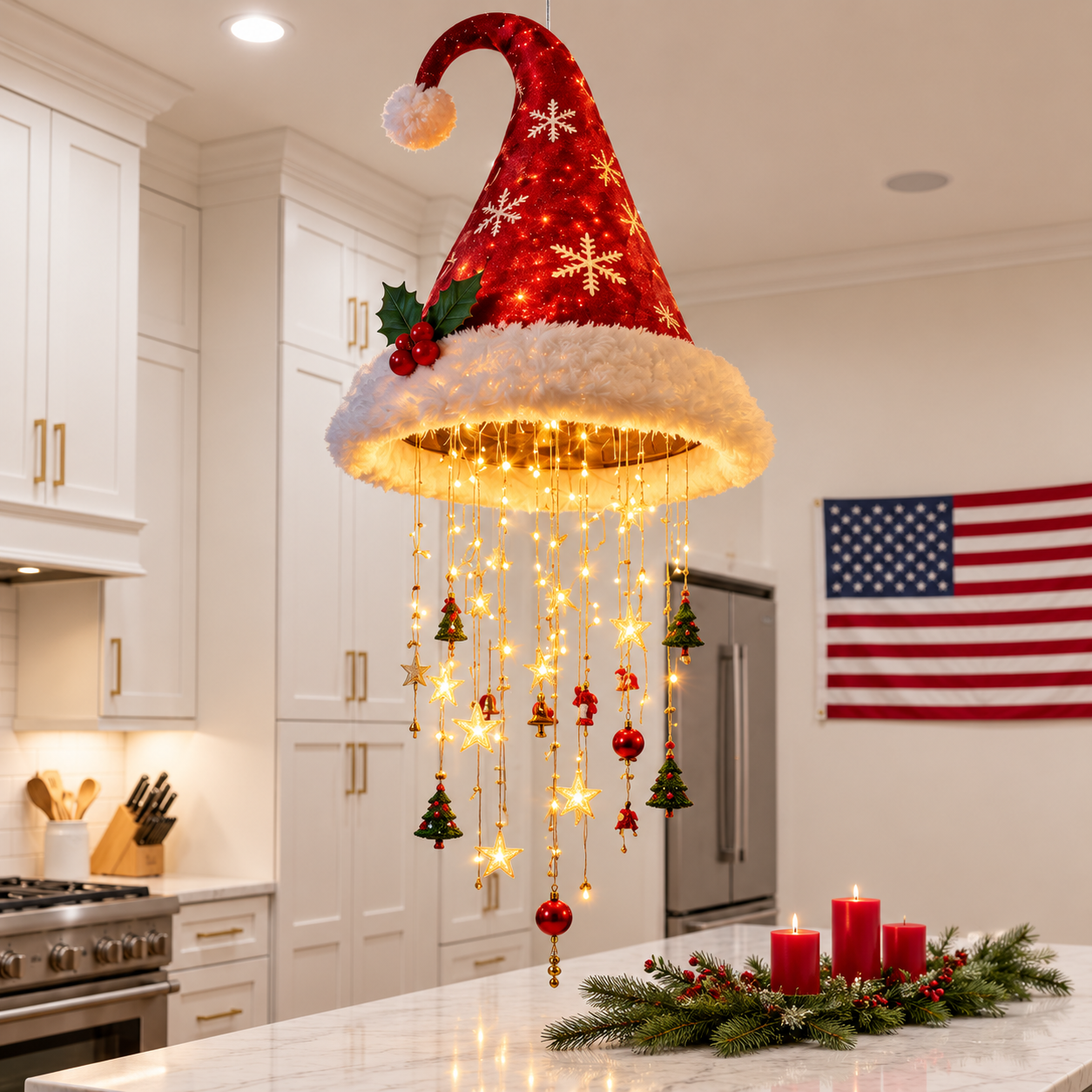 Santa hat lighted hanging decoration in a Christmas kitchen