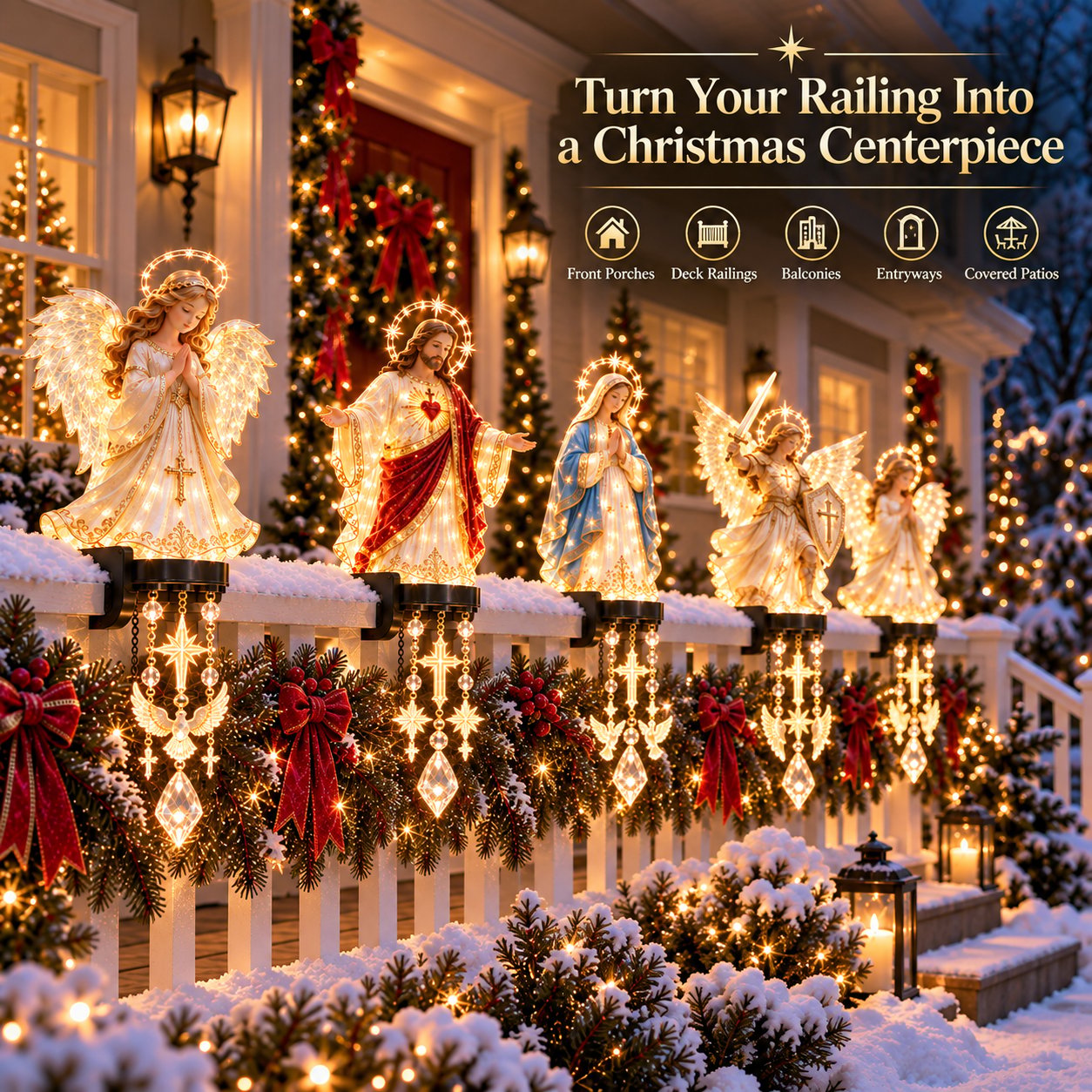 Complete sacred Christmas railing display across a porch