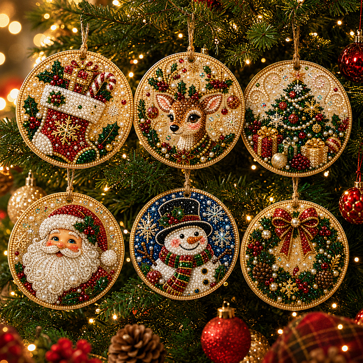 Completed Christmas diamond painting ornaments ready to hang