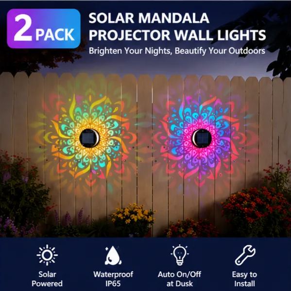 2-Pack Solar Mandala Projector Wall Lights – Waterproof Outdoor Fence Decor Light