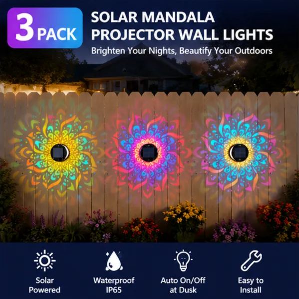 2-Pack Solar Mandala Projector Wall Lights – Waterproof Outdoor Fence Decor Light