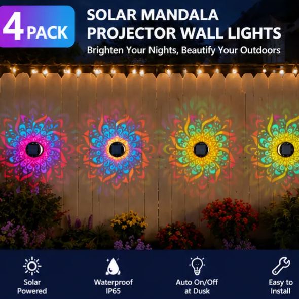 2-Pack Solar Mandala Projector Wall Lights – Waterproof Outdoor Fence Decor Light